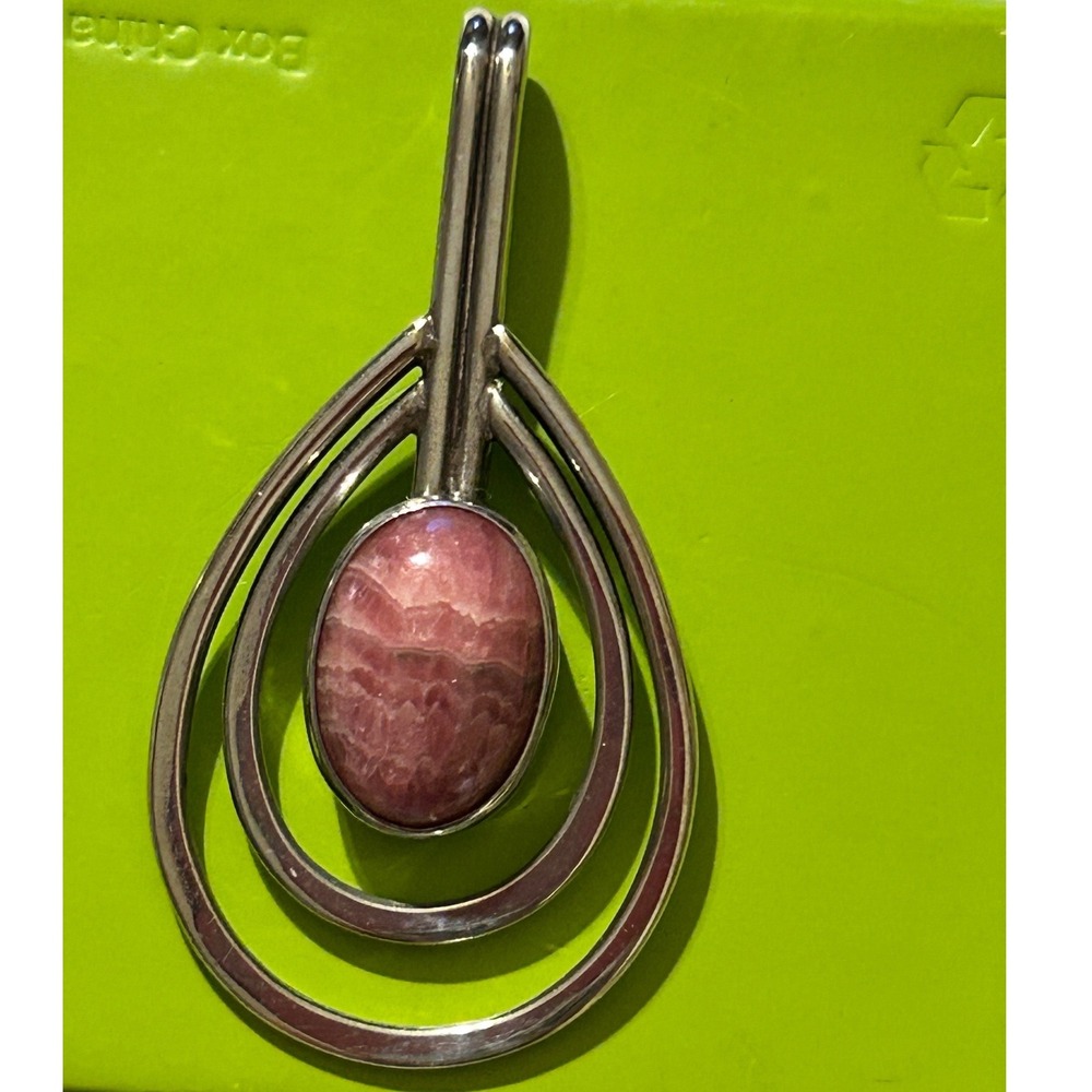 Gurdal Sterling Silver Rhodochrosite Teardrop Pendant Modernist Pink Stone